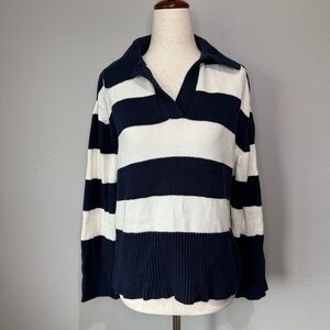 Jessica Simpson Striped Collared Knit Sweater Navy Cream Small